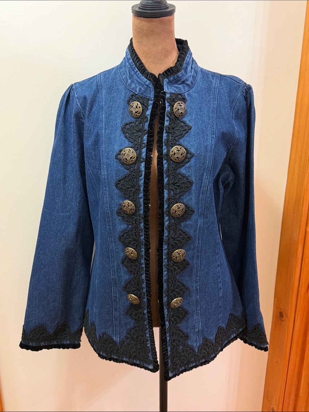 The Pyramid Collection Blue Denim Embellished Jacket with Lace Trim